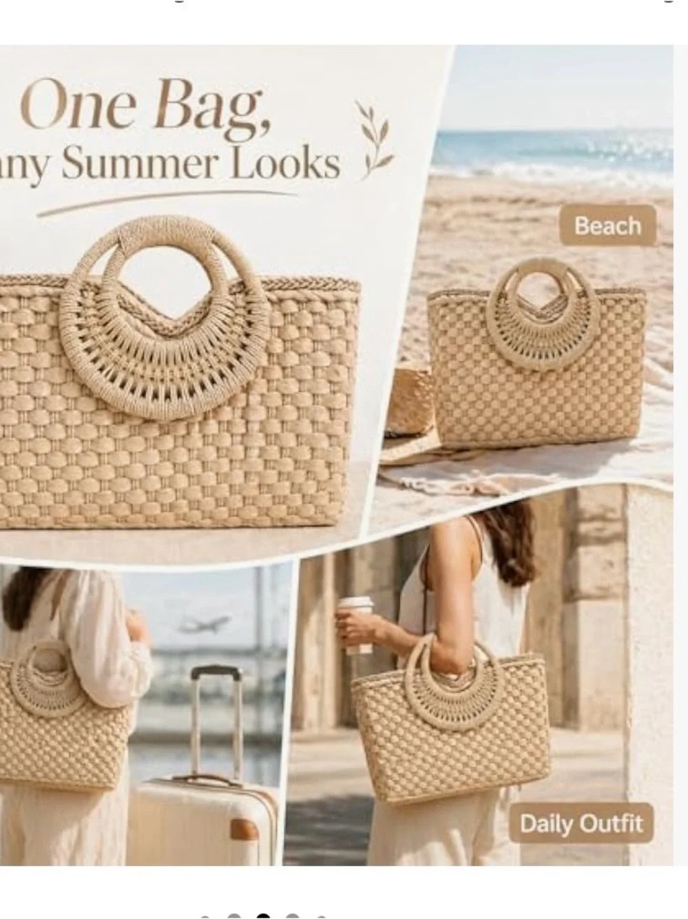 From beach to brunch woven Straw Tote Bag with Round Handles - Natural